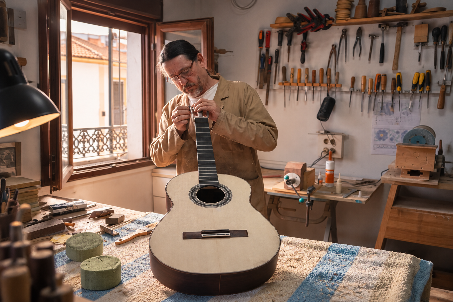 Tato Rodríguez trabajando en una guitarra